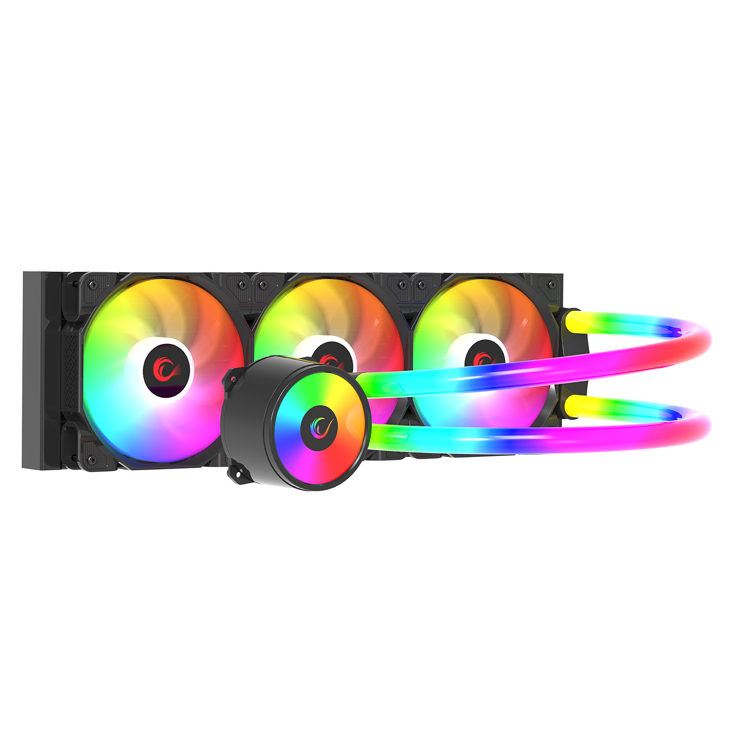 Bir PC su soğutma sistemi. Üç adet RGB aydınlatmalı fanı ve bir su bloğu vardır.