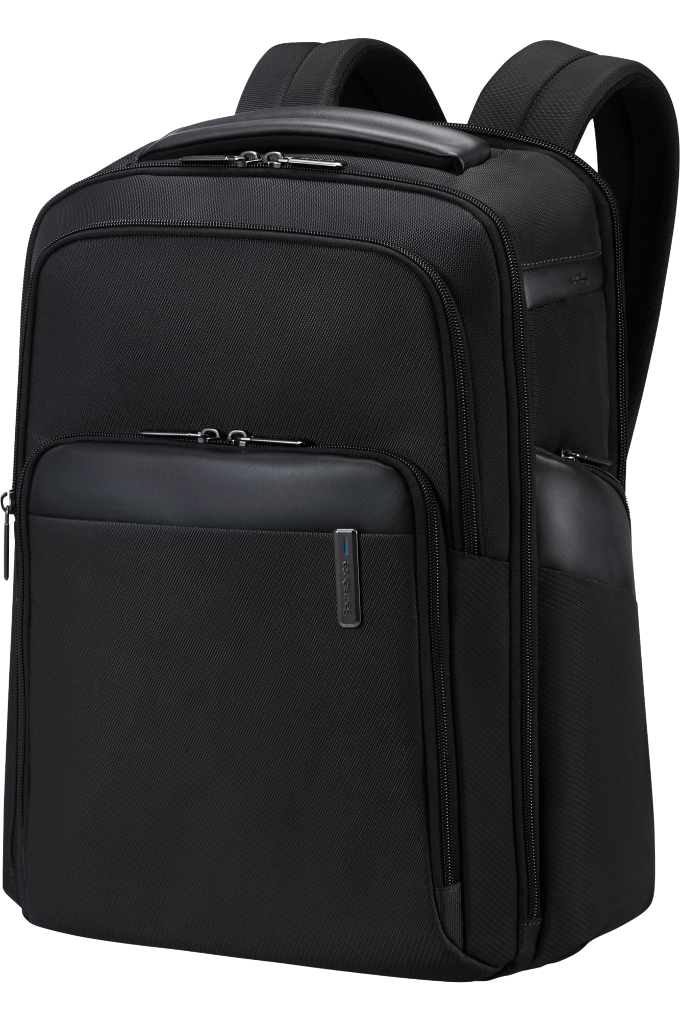 Fekete Samsonite hátizsák több rekesszel és bőr díszítéssel.