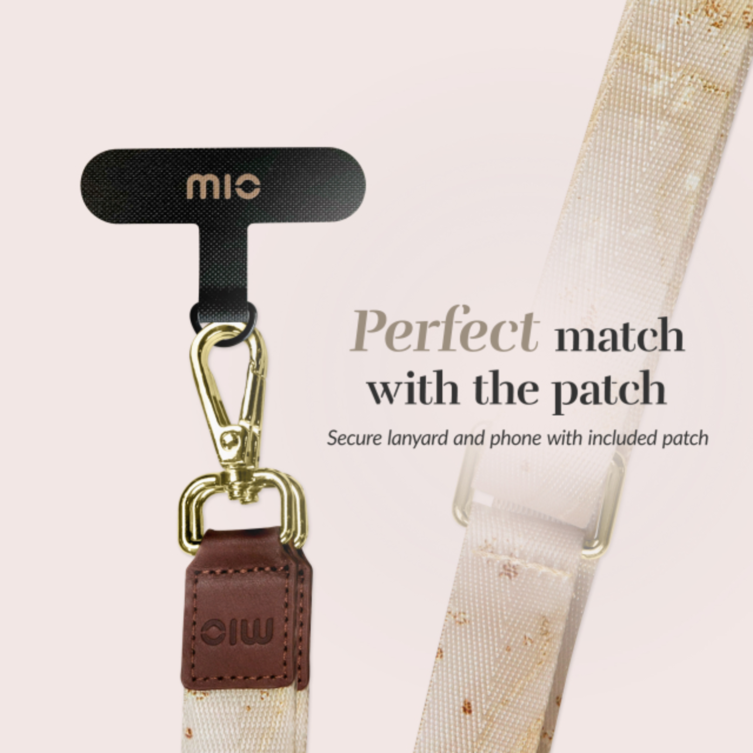 A phone lanyard patch and strap. The text reads 'Perfect match with the patch'.