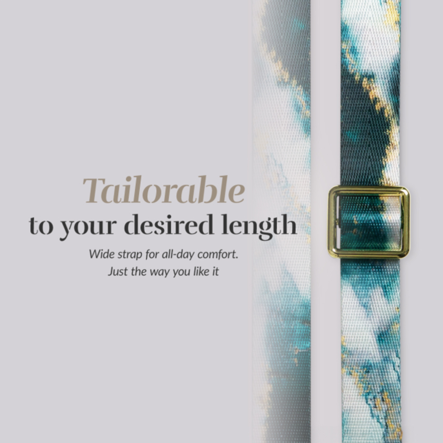 Strap with print, buckle and text on light background.