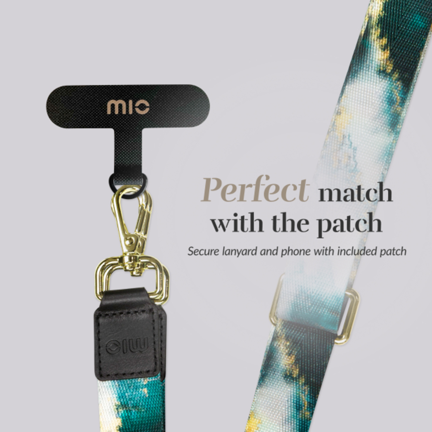 Lanyard with gold clasp and black patch with logo. Text: Perfect match with the patch.