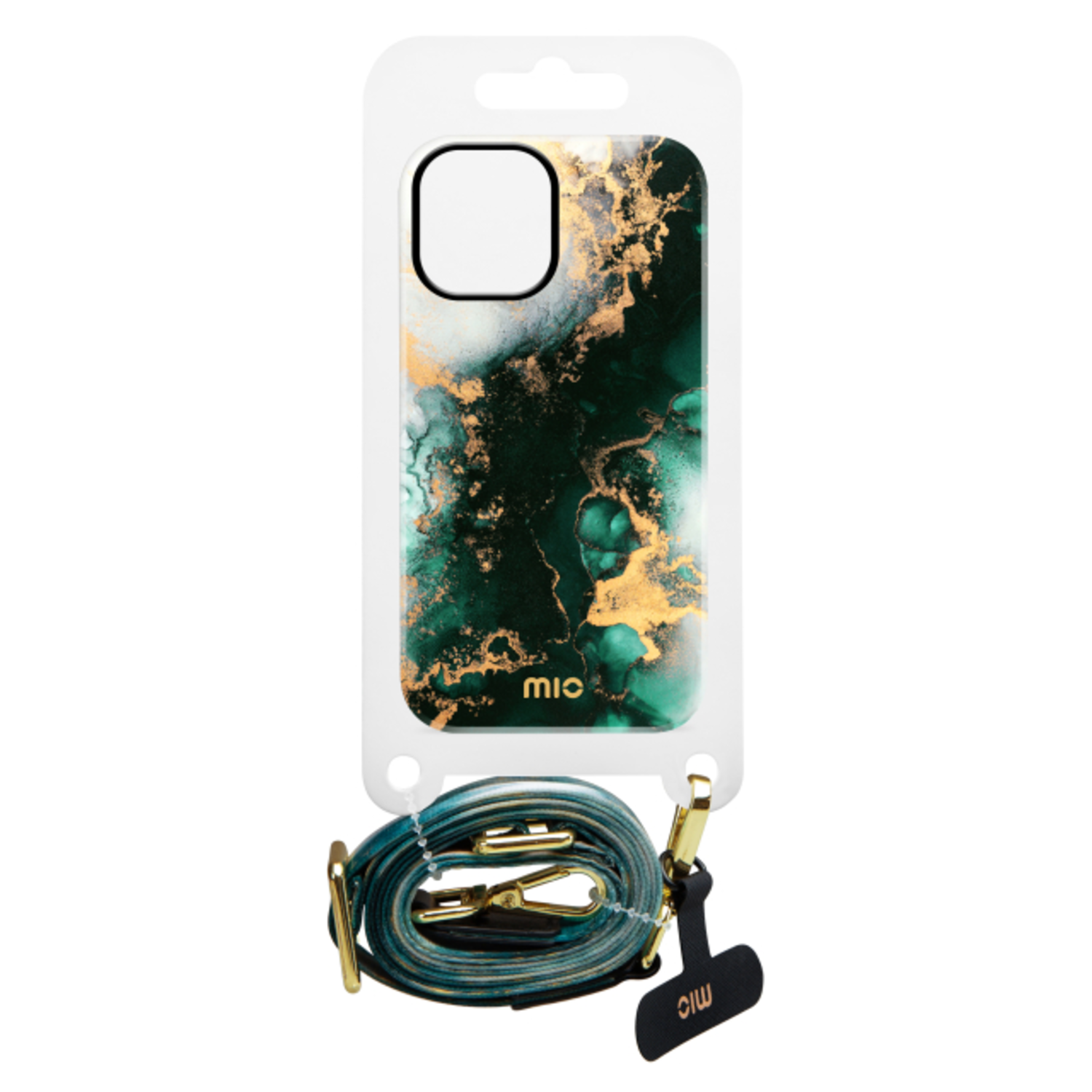 Phone case with strap. The case has a green and gold marbled design. Strap is green.