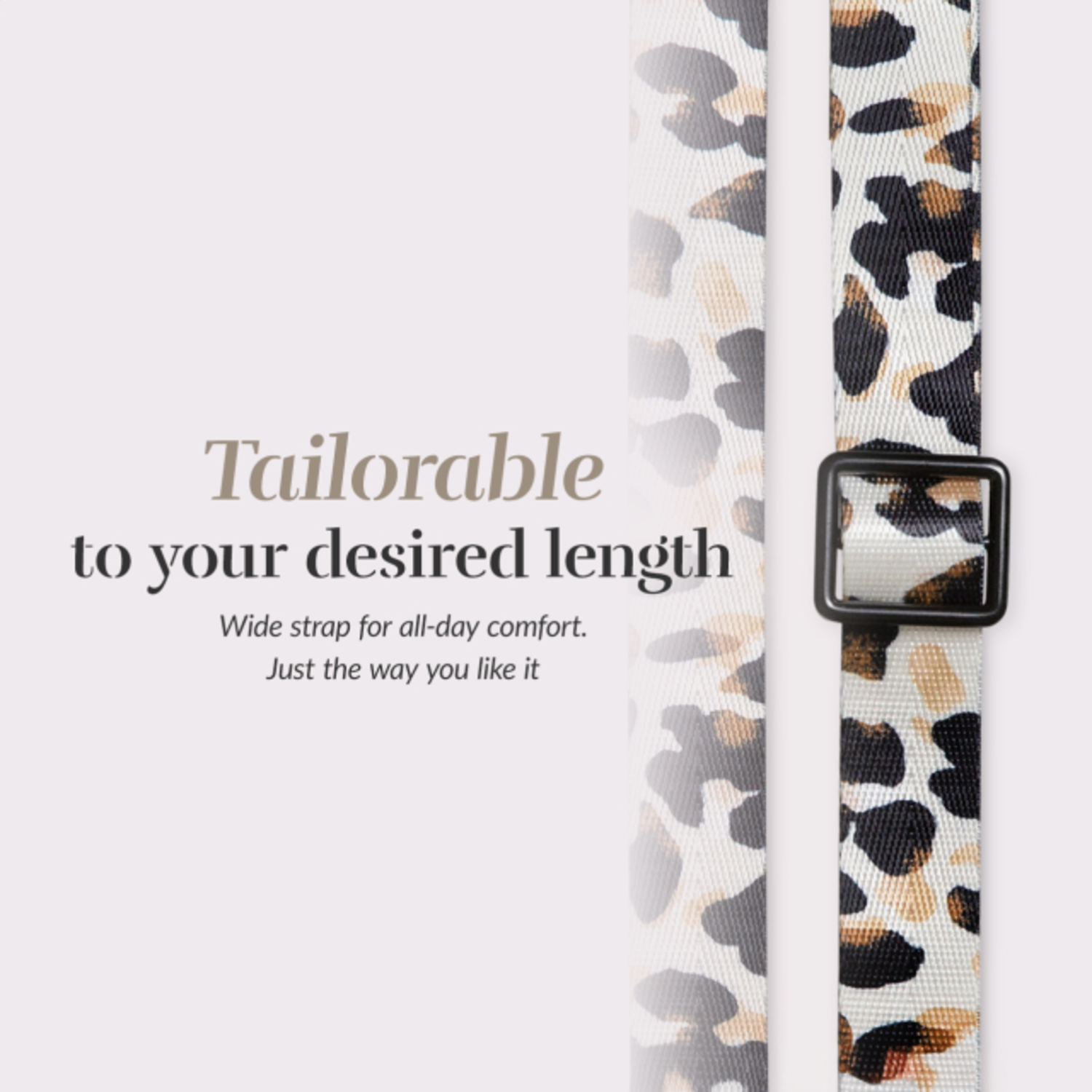 Leopard print strap with a black buckle. Text reads tailor-able to your desired length.