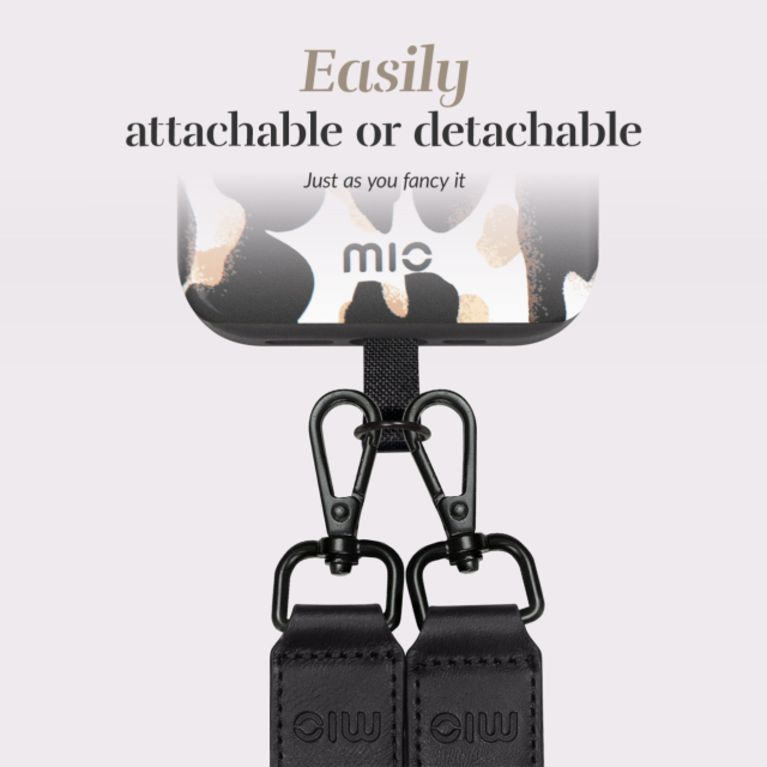 Phone case with detachable straps. Text says 'Easily attachable or detachable'.