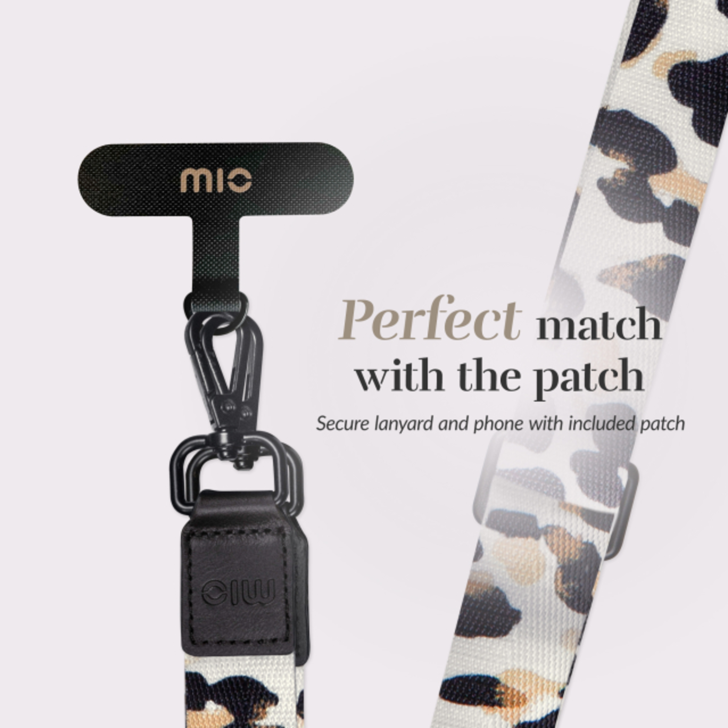 A lanyard with a phone patch and a leopard print strap.