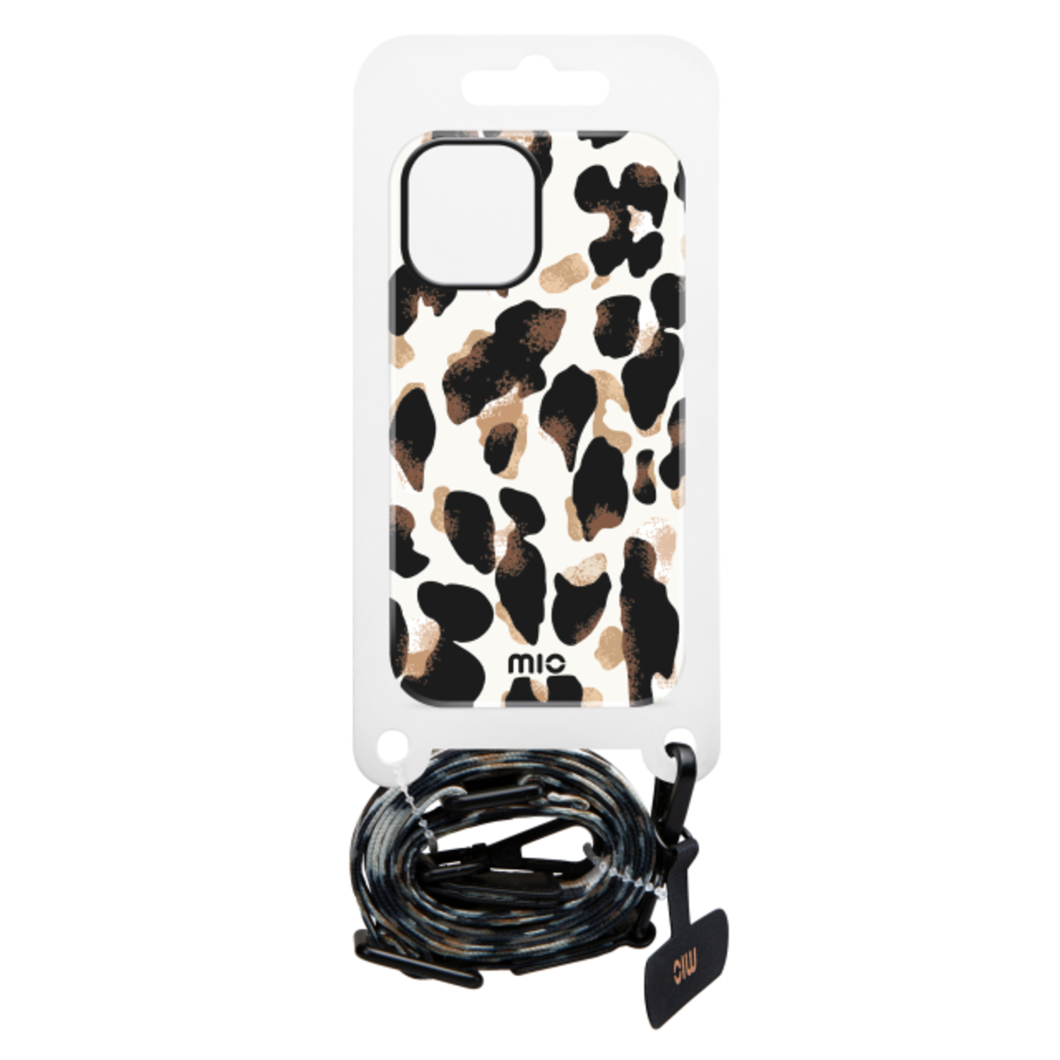 Phone case in a package, with a cheetah print design and a phone cord.