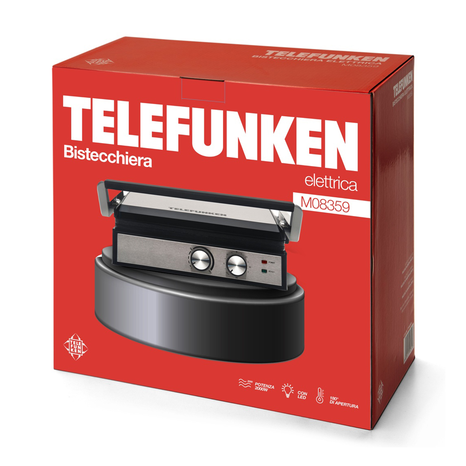 Griglia elettrica Telefunken in scatola con piano argentato, base nera e informazioni sul prodotto.