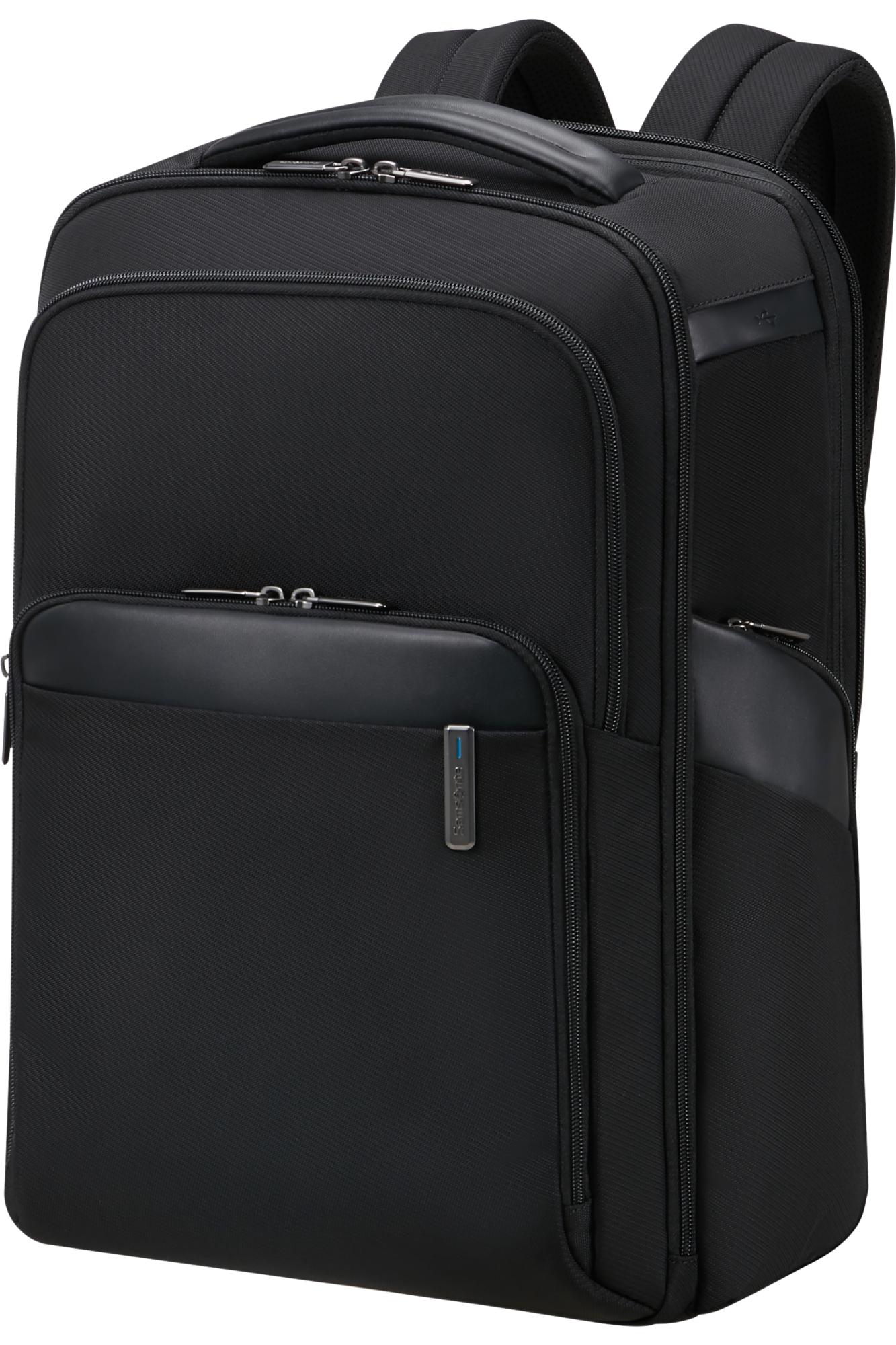Egy fekete Samsonite hátizsák elülső zsebbel.