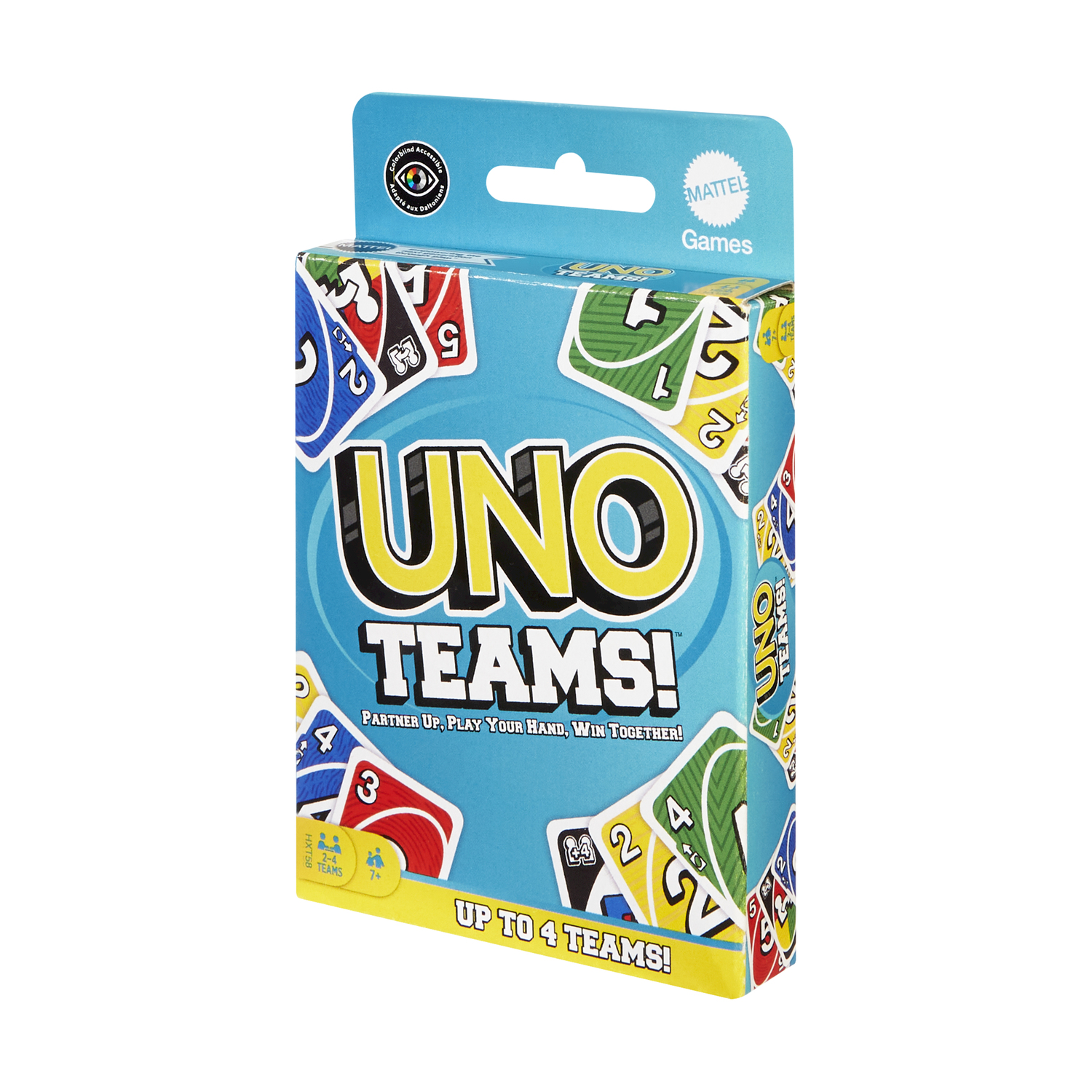 Scatola del gioco di carte Uno Teams. Sfondo azzurro, con illustrazione di carte e testo. La scatola è verticale.
