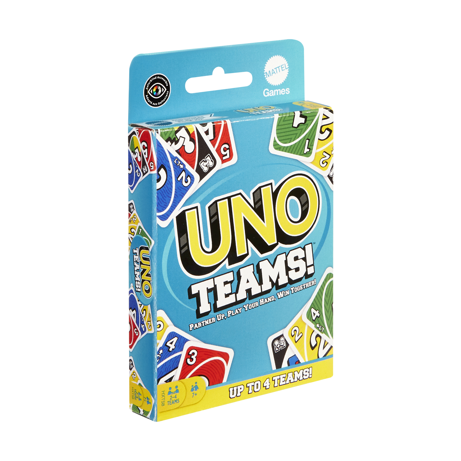 Scatola del gioco di carte UNO Teams! Mostra carte colorate.