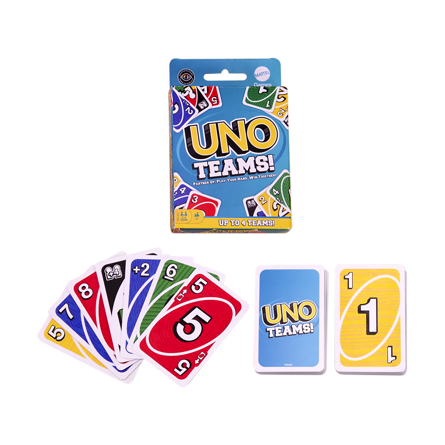 Scatola del gioco di carte UNO Teams! con carte in mostra.