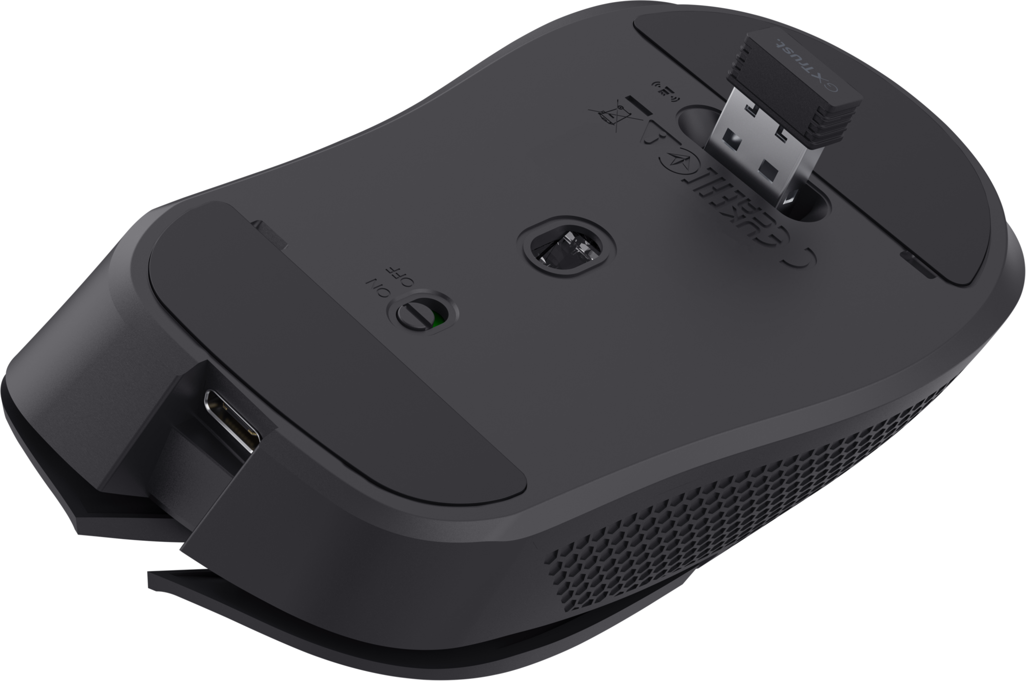 Fekete vezeték nélküli egér, behelyezett USB-vevővel.