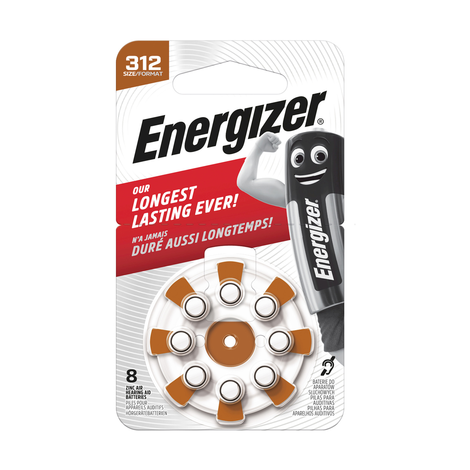 Confezione di batterie per apparecchi acustici Energizer, batterie marroni visibili, confezione bianca e rossa.