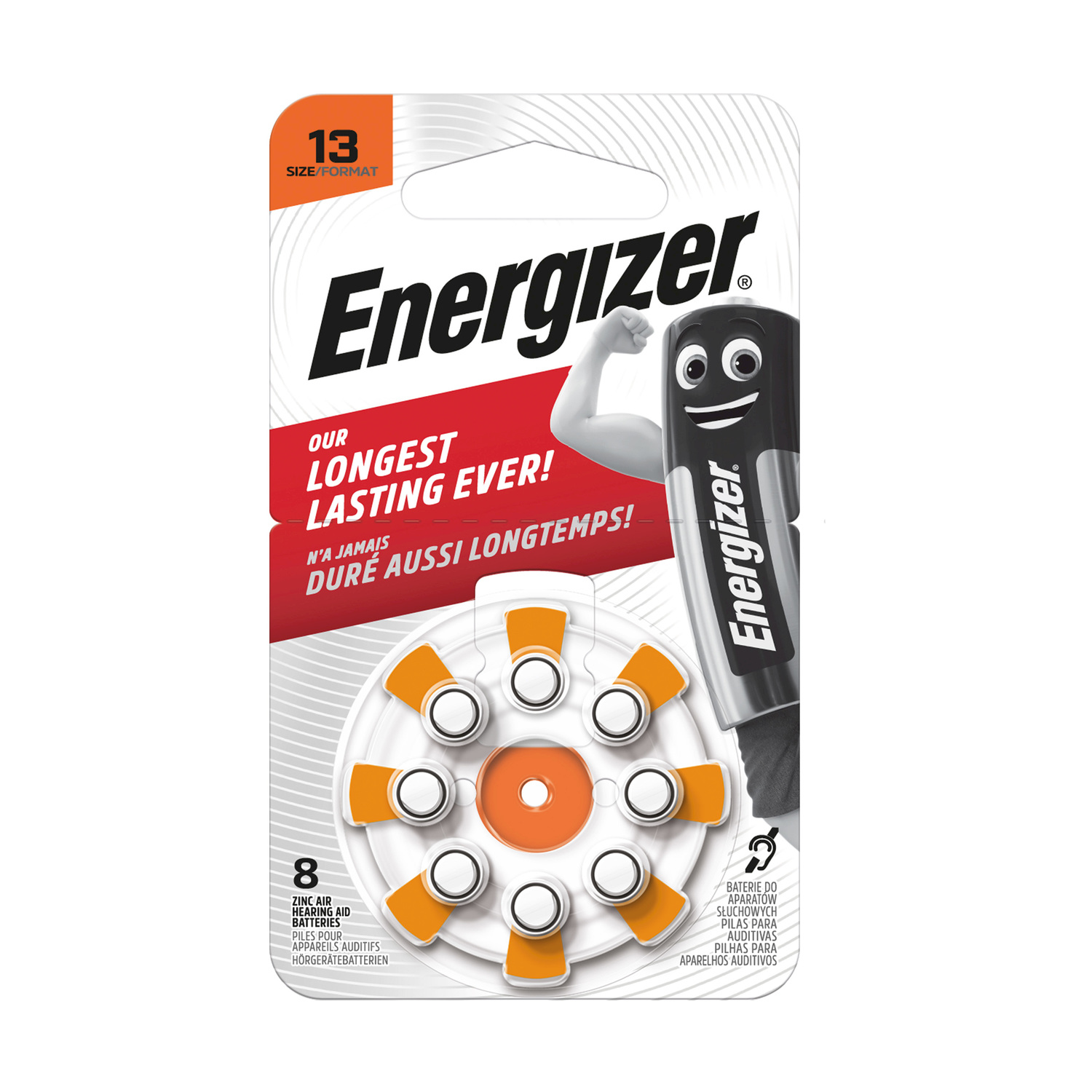 Pile Energizer in una confezione. La confezione ha un ritaglio per apparecchi acustici. Colori bianco e arancione.