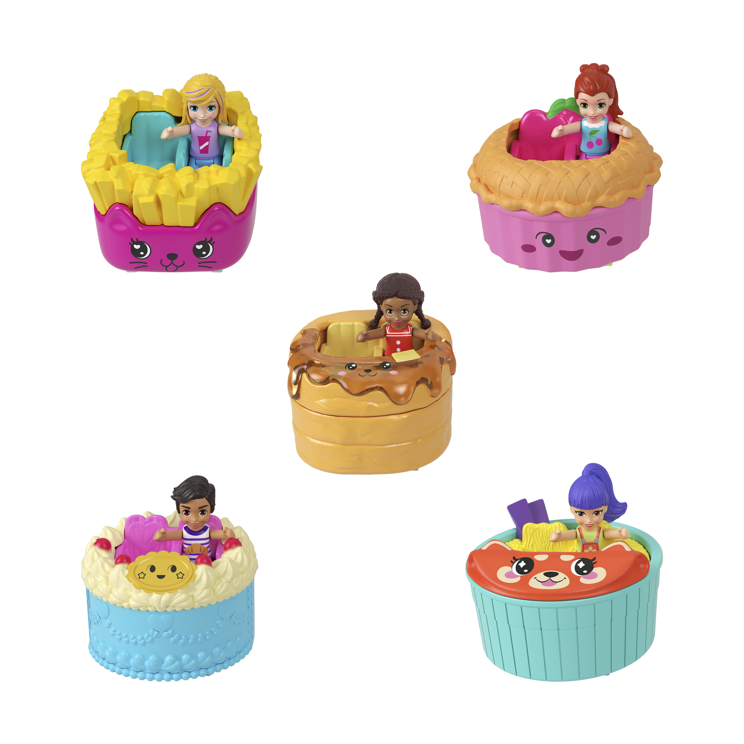 Cinque giocattoli colorati a forma di cupcake. Ognuno ha una piccola bambola all'interno. I giocattoli sono rosa, blu e gialli.