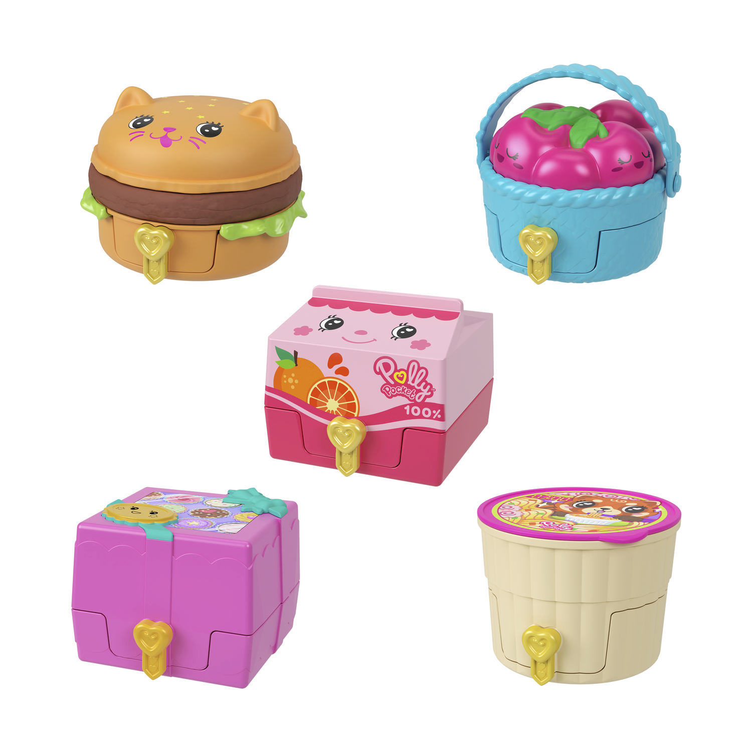 Contenitori di giocattoli Polly Pocket, chiusi.