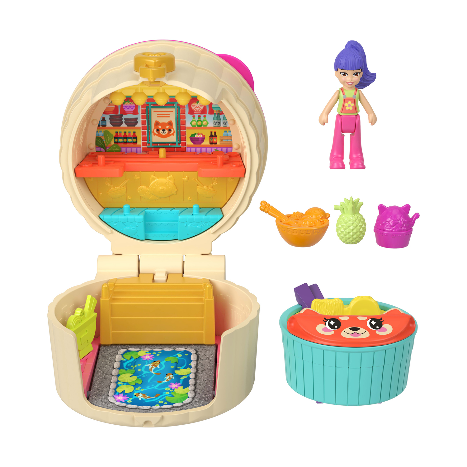 Un set di giocattoli Polly Pocket aperto. Mostra una bambola, cibo e una scena di ristorante in miniatura.