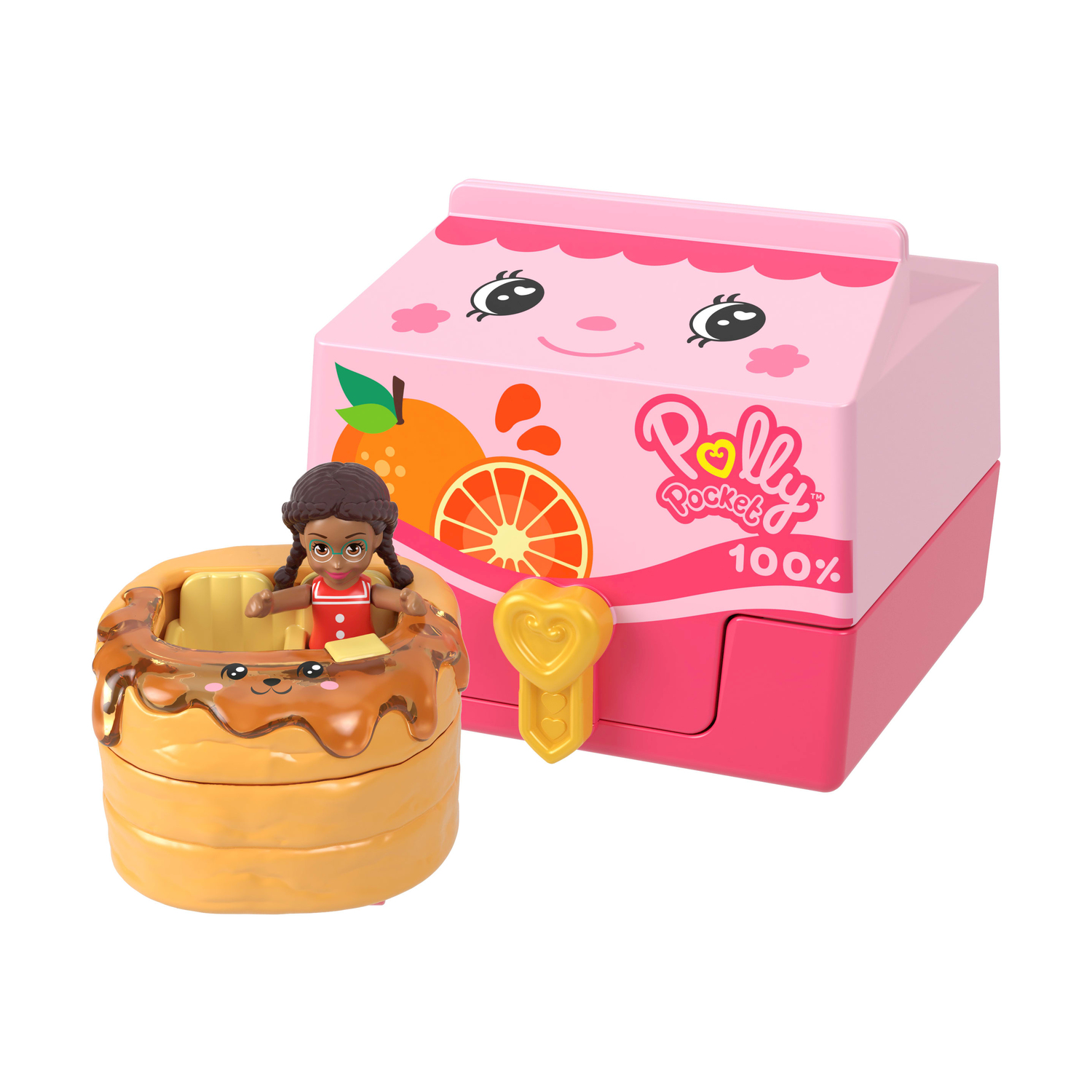 Un set Polly Pocket con un cartone del latte, una bambola e un'area gioco a forma di pancake.