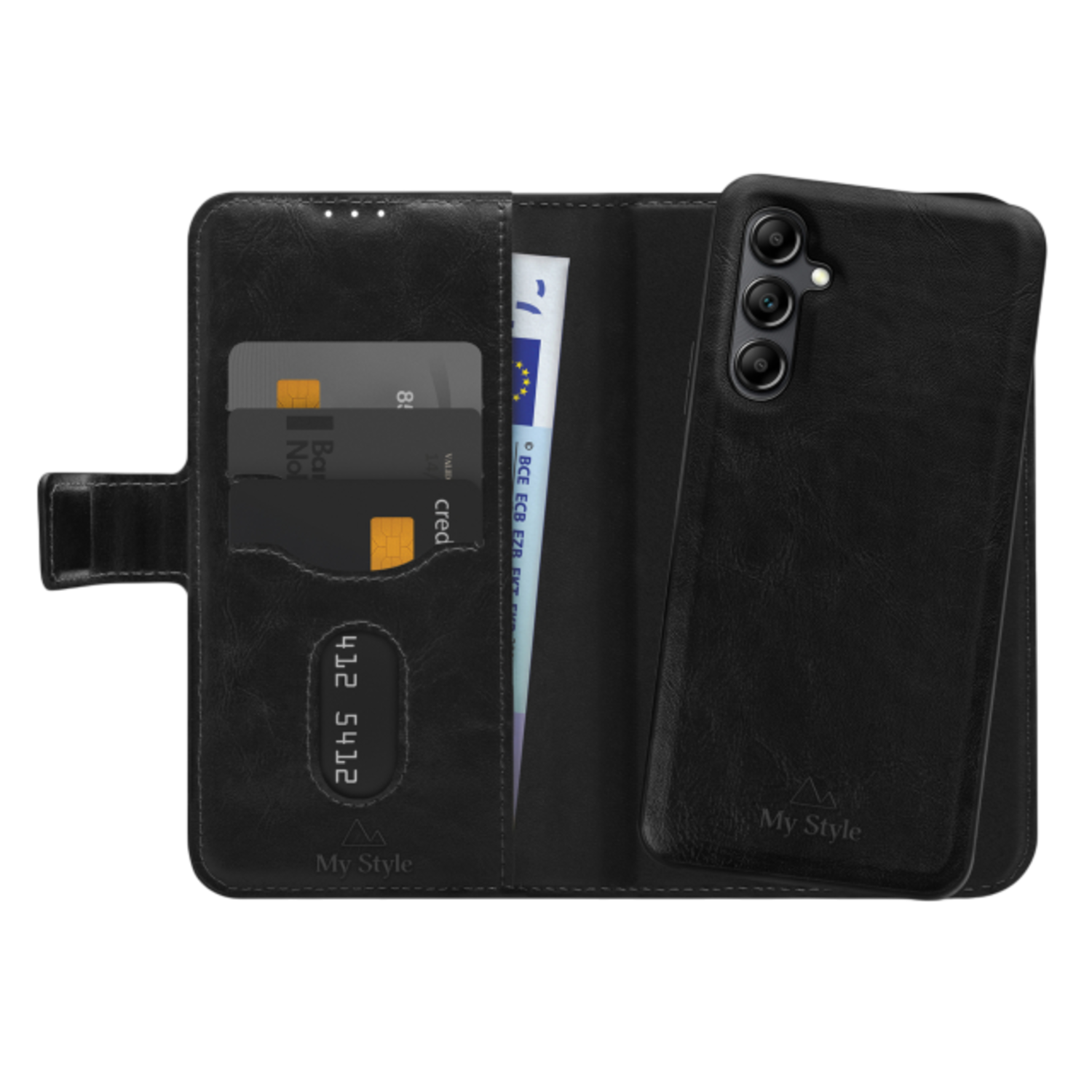Zwarte telefoonhoes met portemonnee, creditcards en geld. Een zwarte telefoon rechts.