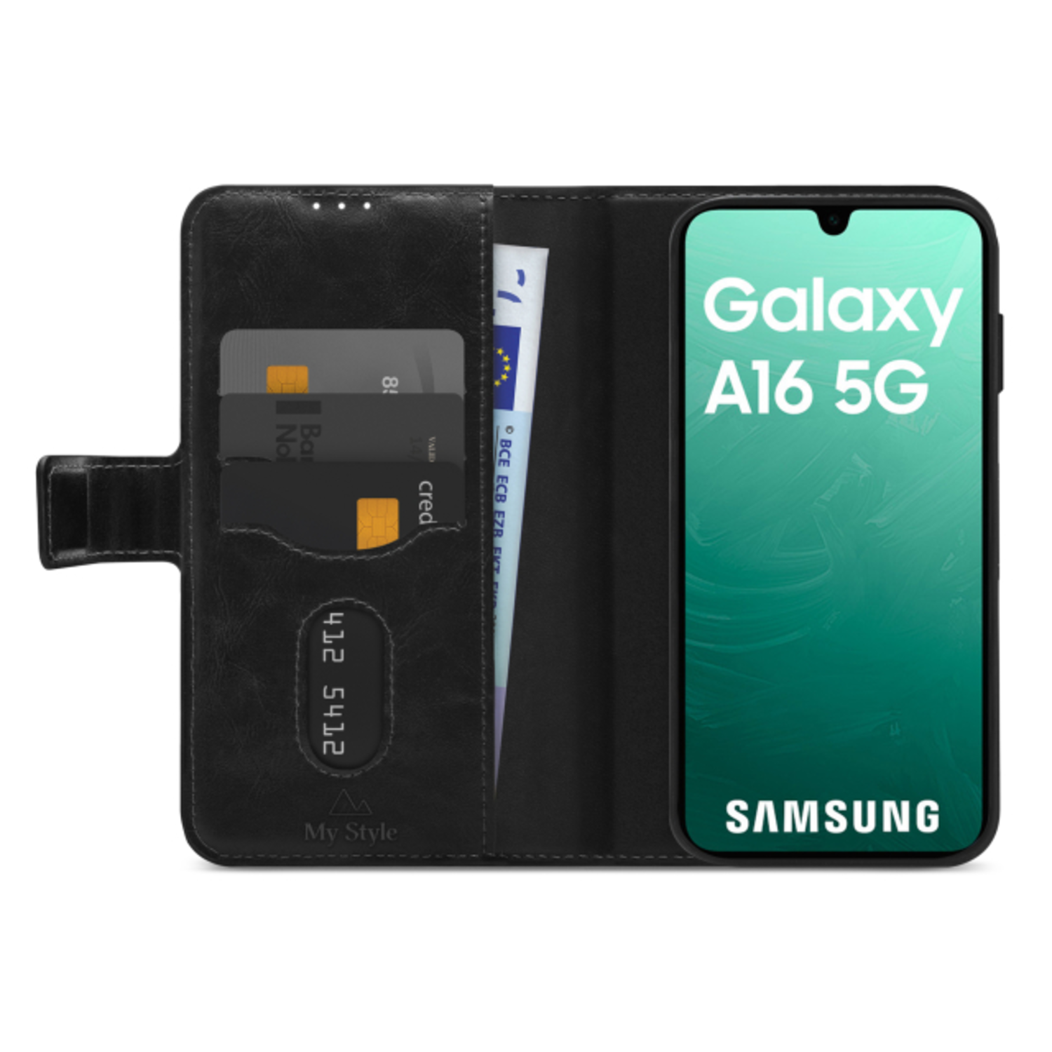 Zwarte telefoonhoes met portemonnee, kaarten, geld en telefoonscherm met 'Galaxy A16 5G'.