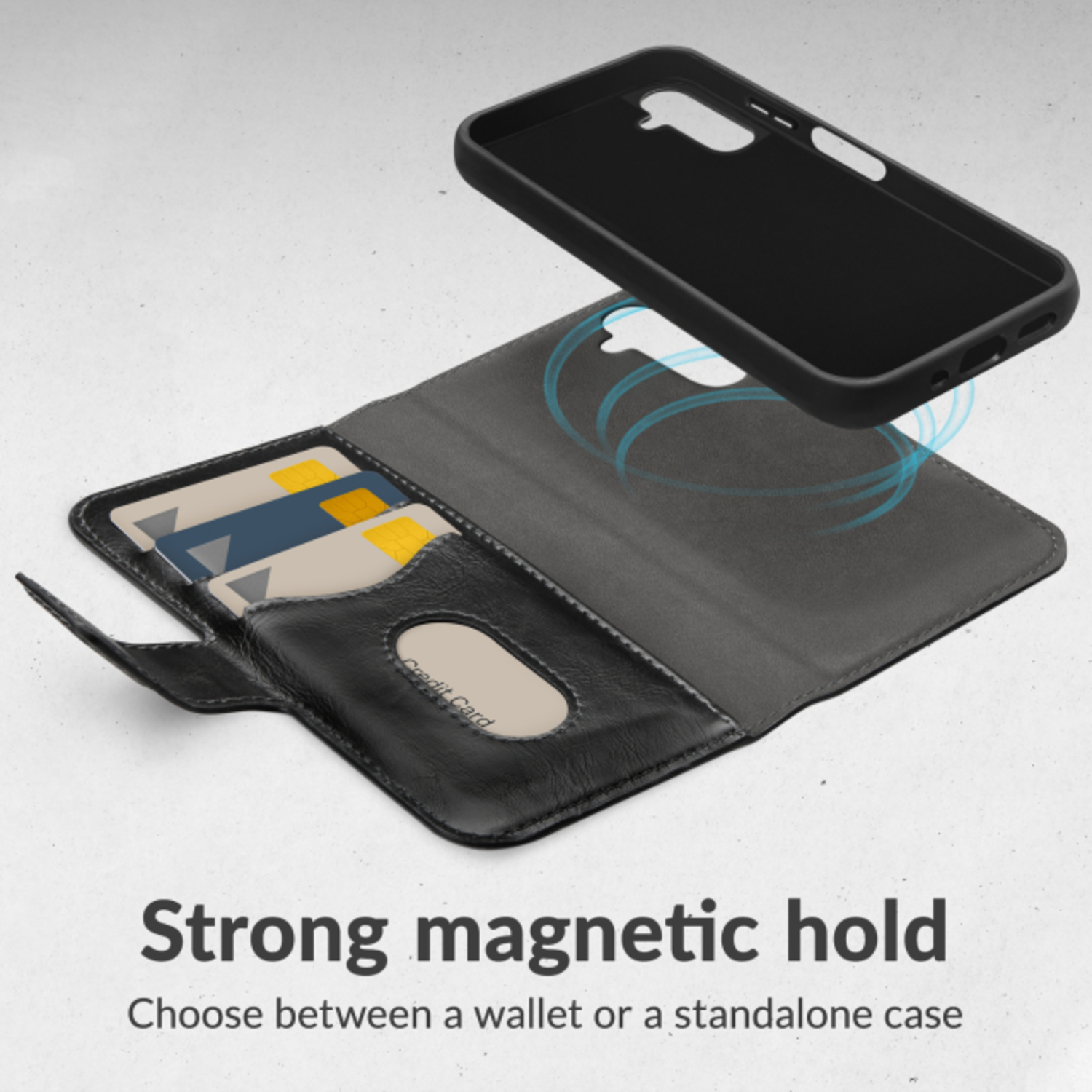 Coque de téléphone avec portefeuille et carte de crédit à l'intérieur. Couleurs noir et gris. Texte de maintien magnétique puissant.