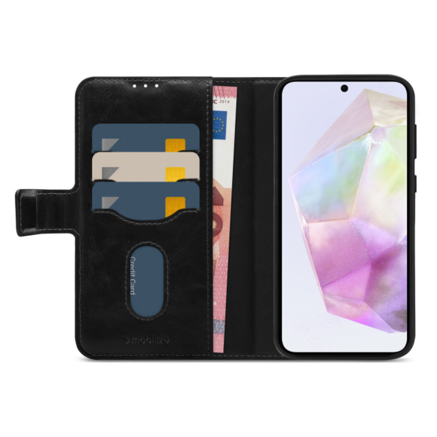Étui portefeuille noir, montrant un smartphone et des cartes à l'intérieur.