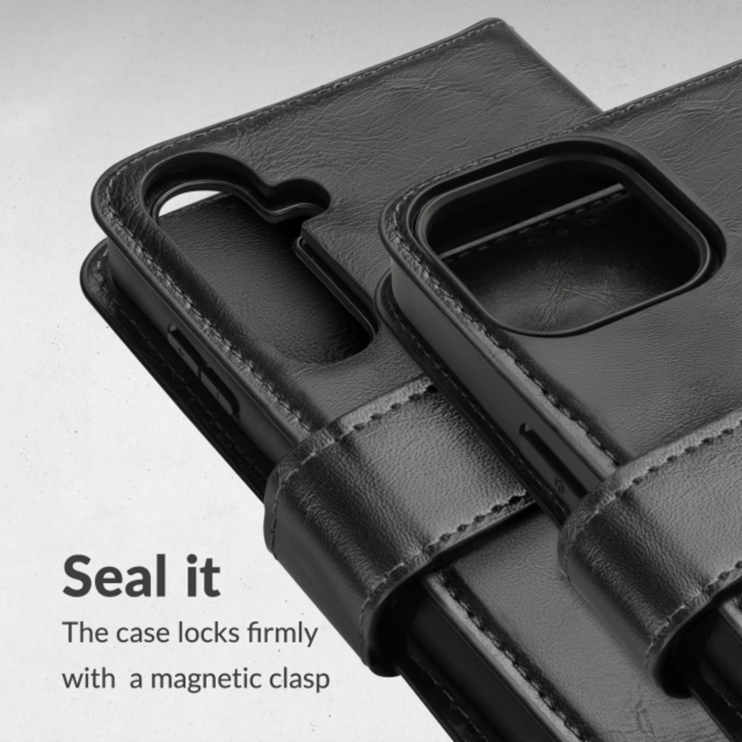 Gros plan d'un étui de téléphone noir avec fermoir magnétique et les mots 'Seal it'.