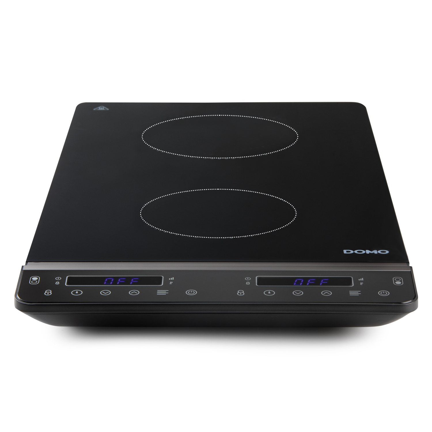 Black induction cooktop with two burner zones, digital display, and DOMO logo.