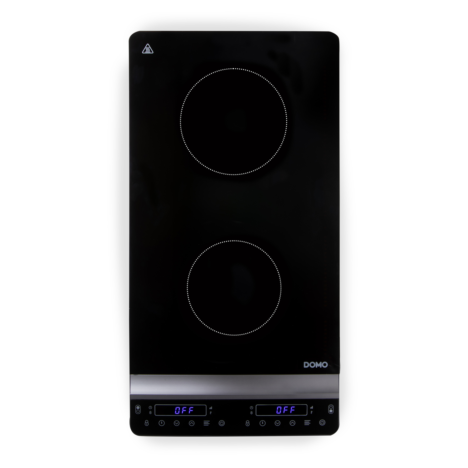 Black induction cooktop with two circular cooking zones and digital controls. The brand name is DOMO.