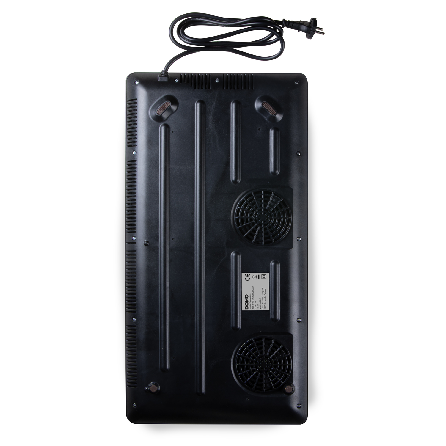 Bottom view of a black induction cooktop with two fans and a cord.