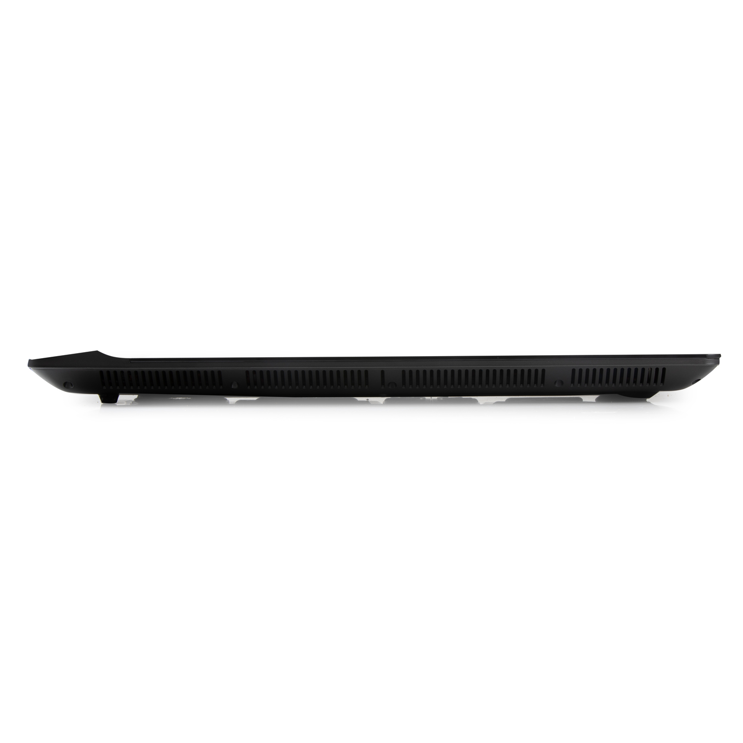 A black laptop seen from the bottom.