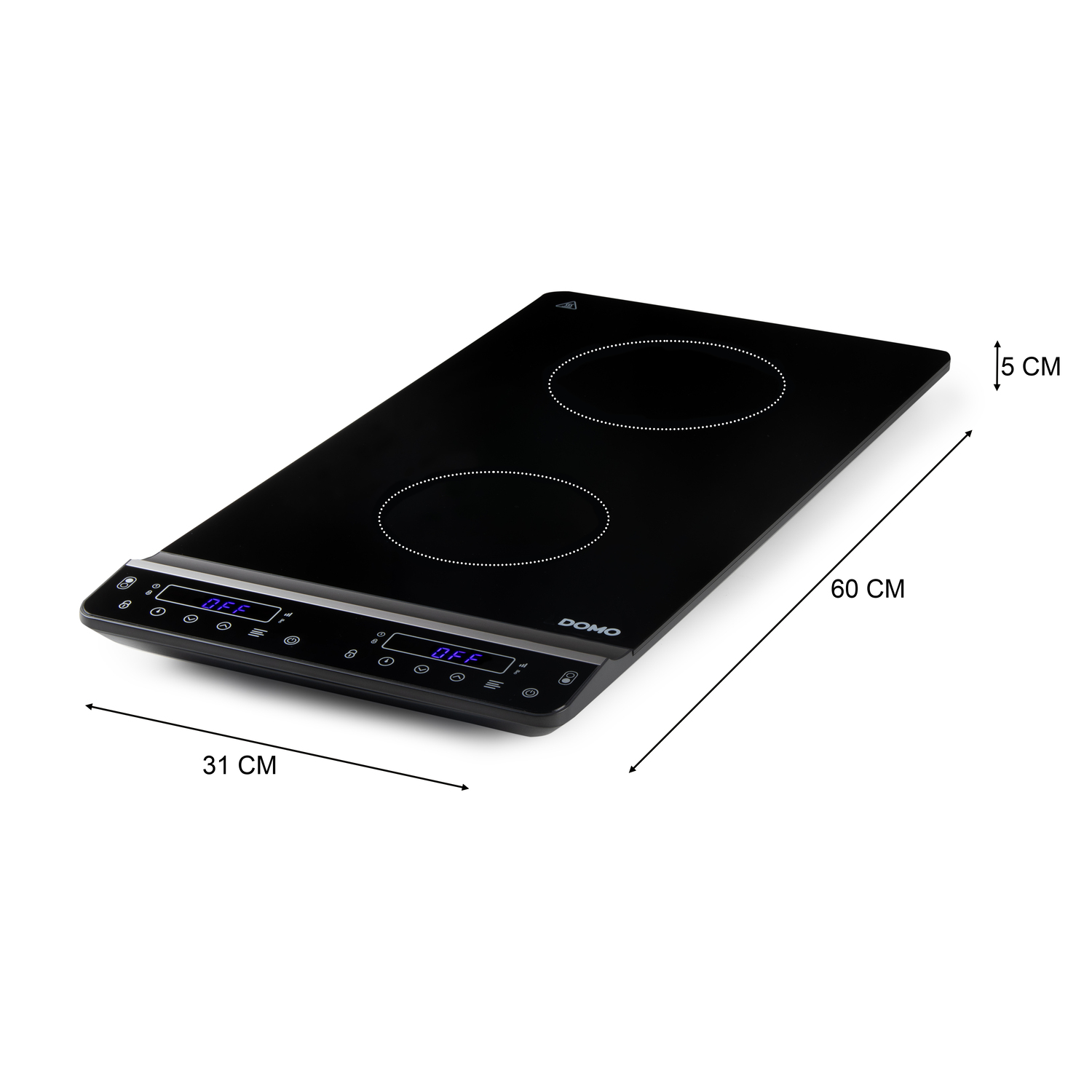 A black induction cooktop with two circular cooking zones. Dimensions are listed on the image.