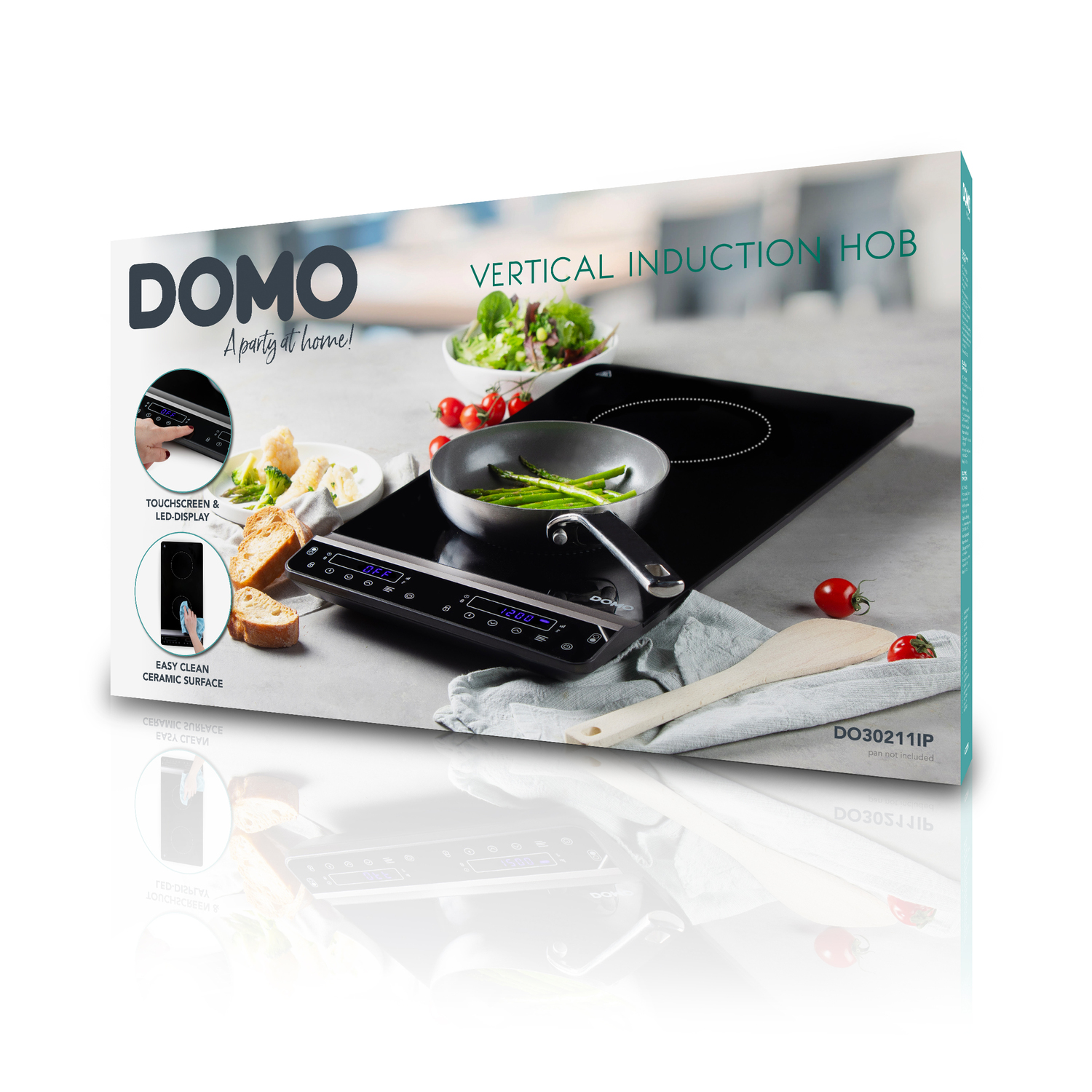 Box with a black induction hob. It has a picture of a pan with vegetables and a touch display.