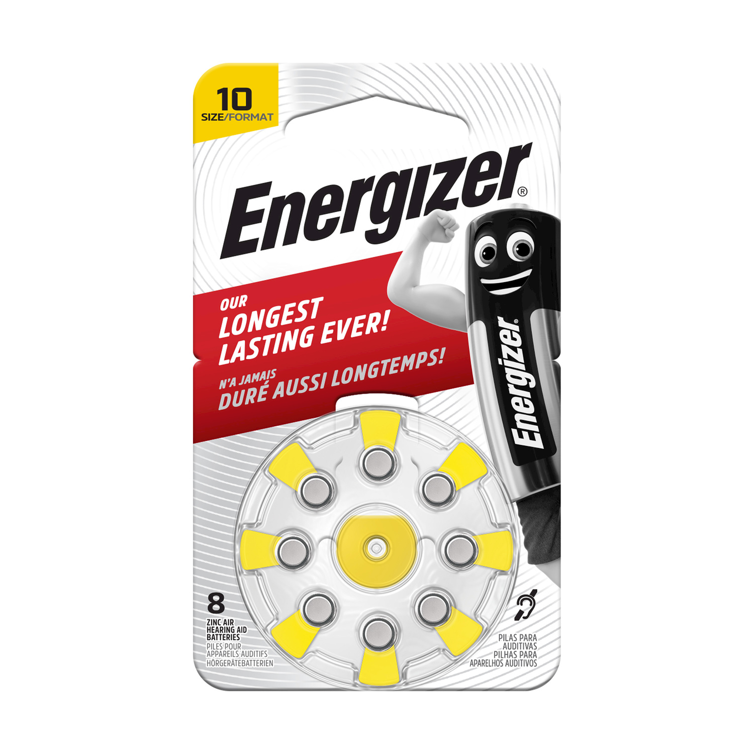 Confezione di batterie per apparecchi acustici Energizer. Batterie bianche e gialle visibili.