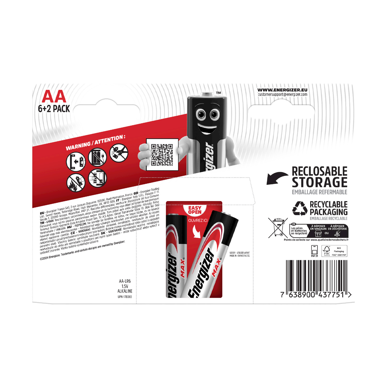 Confezione di batterie AA con 6+2 batterie. La confezione è bianca e rossa con avvertenze.