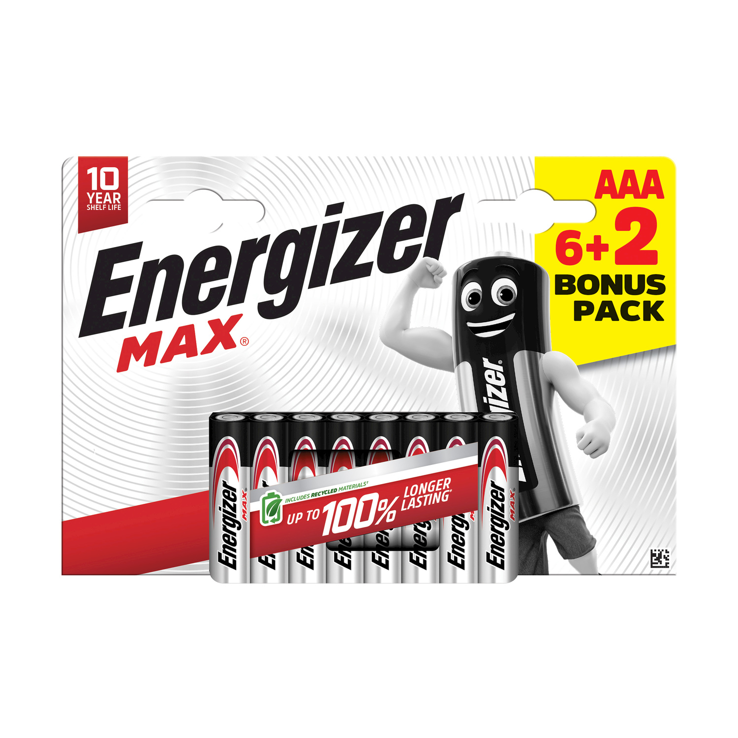 Confezione di batterie Energizer Max AAA. La confezione mostra le batterie e un personaggio animato che si flette.