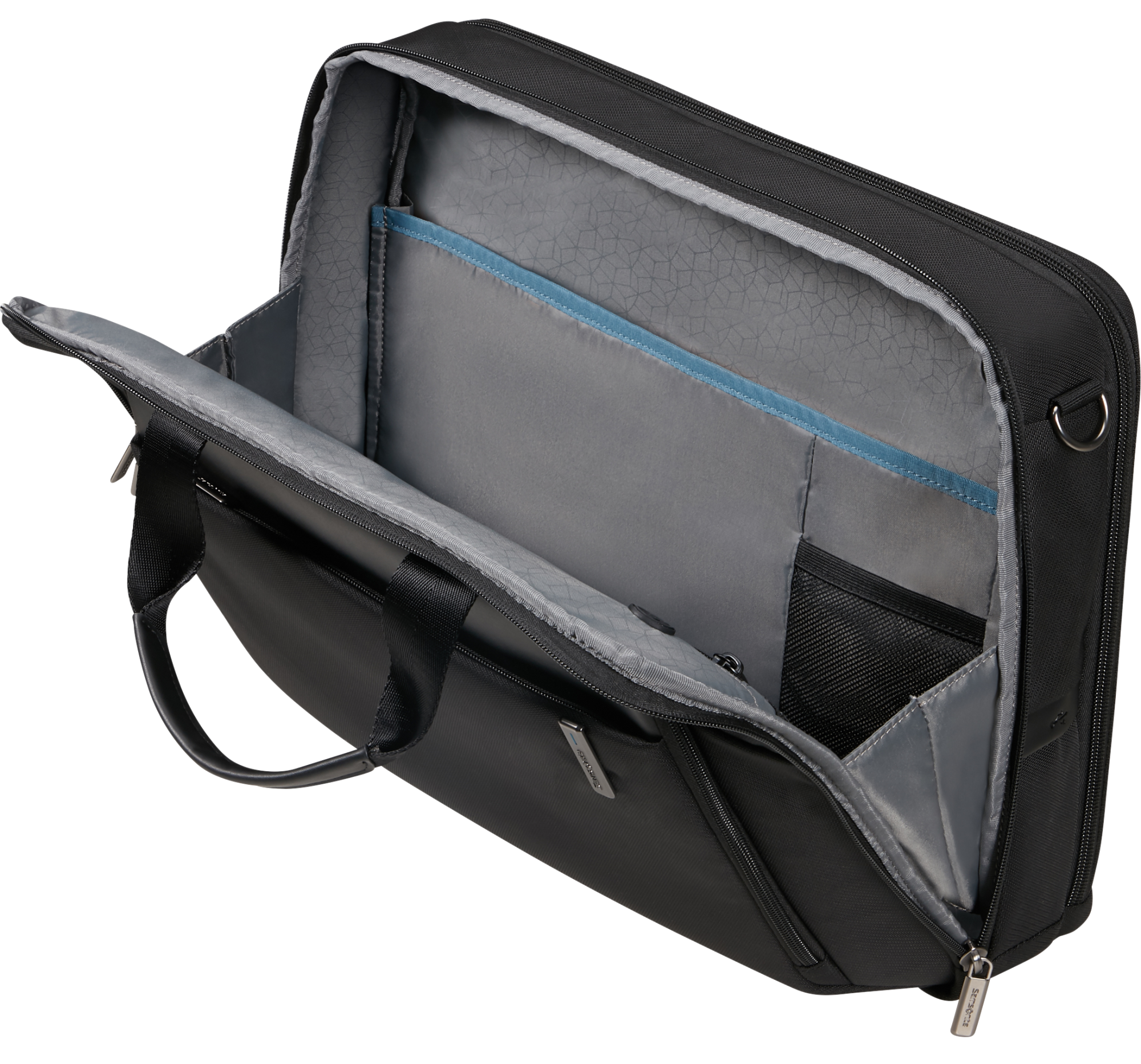 Fekete Samsonite laptop táska. Belül rekeszeket tartalmaz dokumentumok és laptop számára.