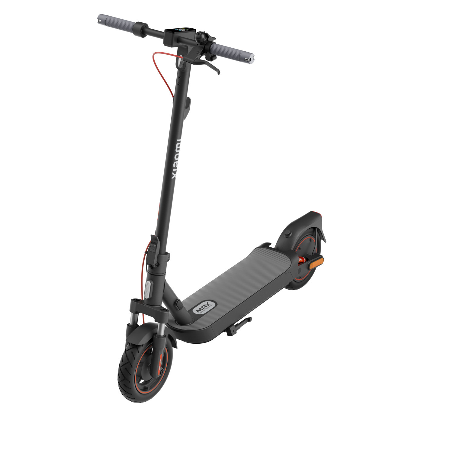 Zwarte en grijze elektrische scooter. Xiaomi merk op de stuurpen. Rode kabel en oranje accenten.