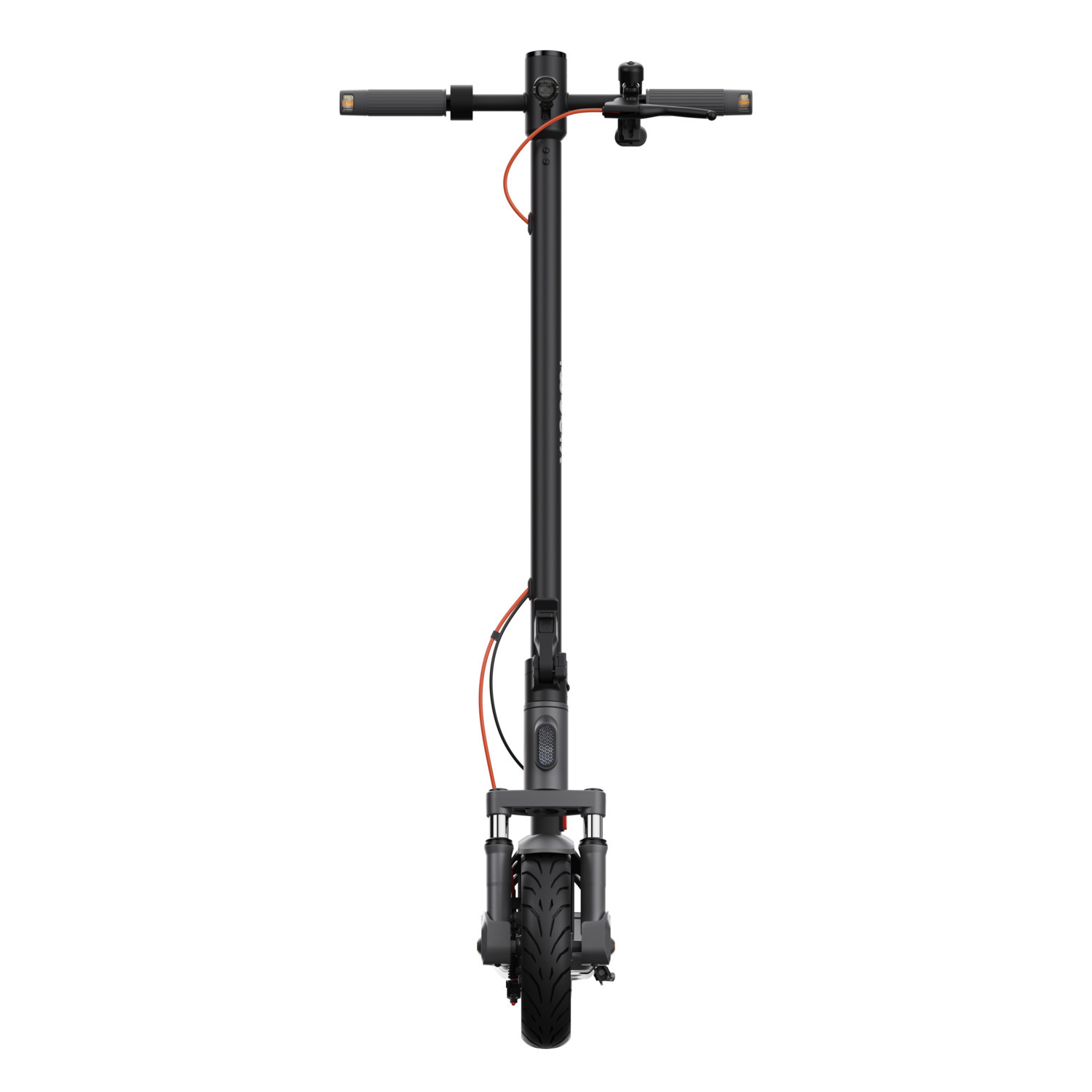 Trottinette électrique noire sur fond blanc, vue de face. Guidon, câble rouge et une seule roue sont visibles.