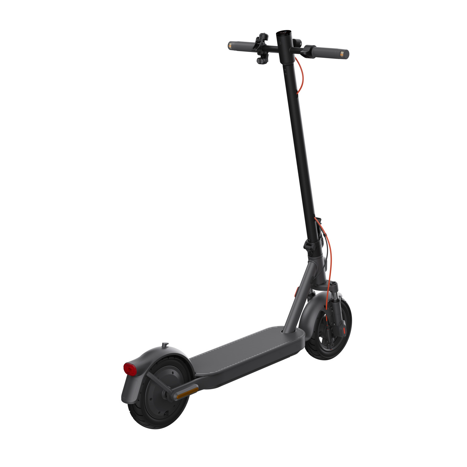 Une trottinette électrique noire avec feu arrière rouge sur fond blanc.