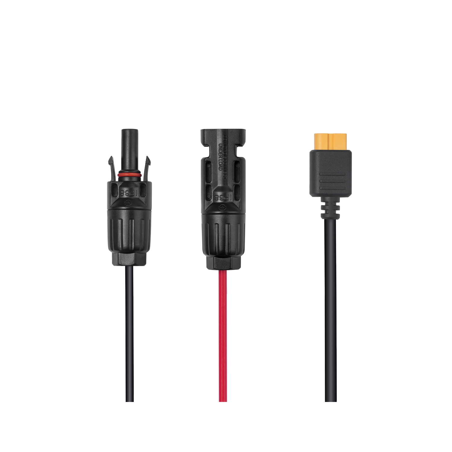 Three black electrical connectors with cables on a white background.