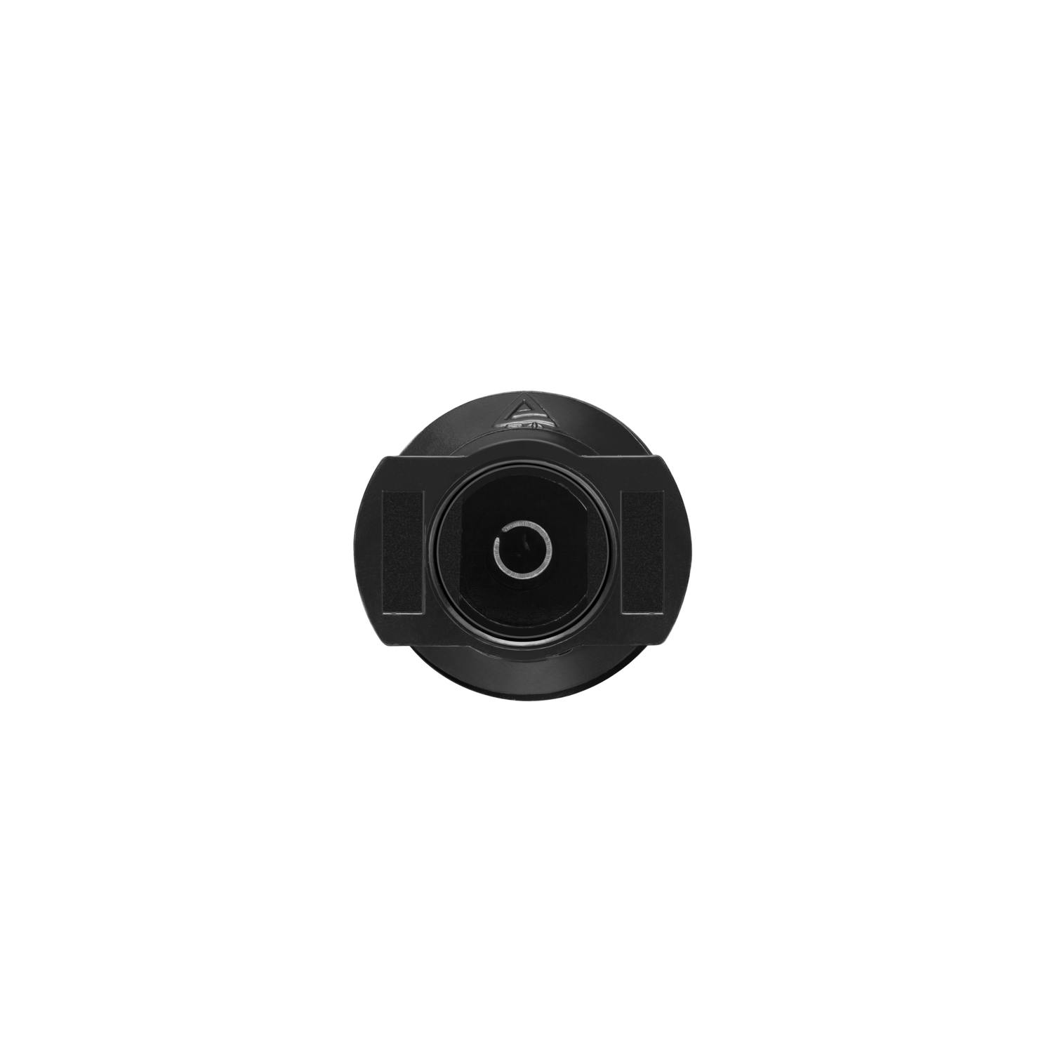 A black device with a camera mount. The device is round with a small circle.
