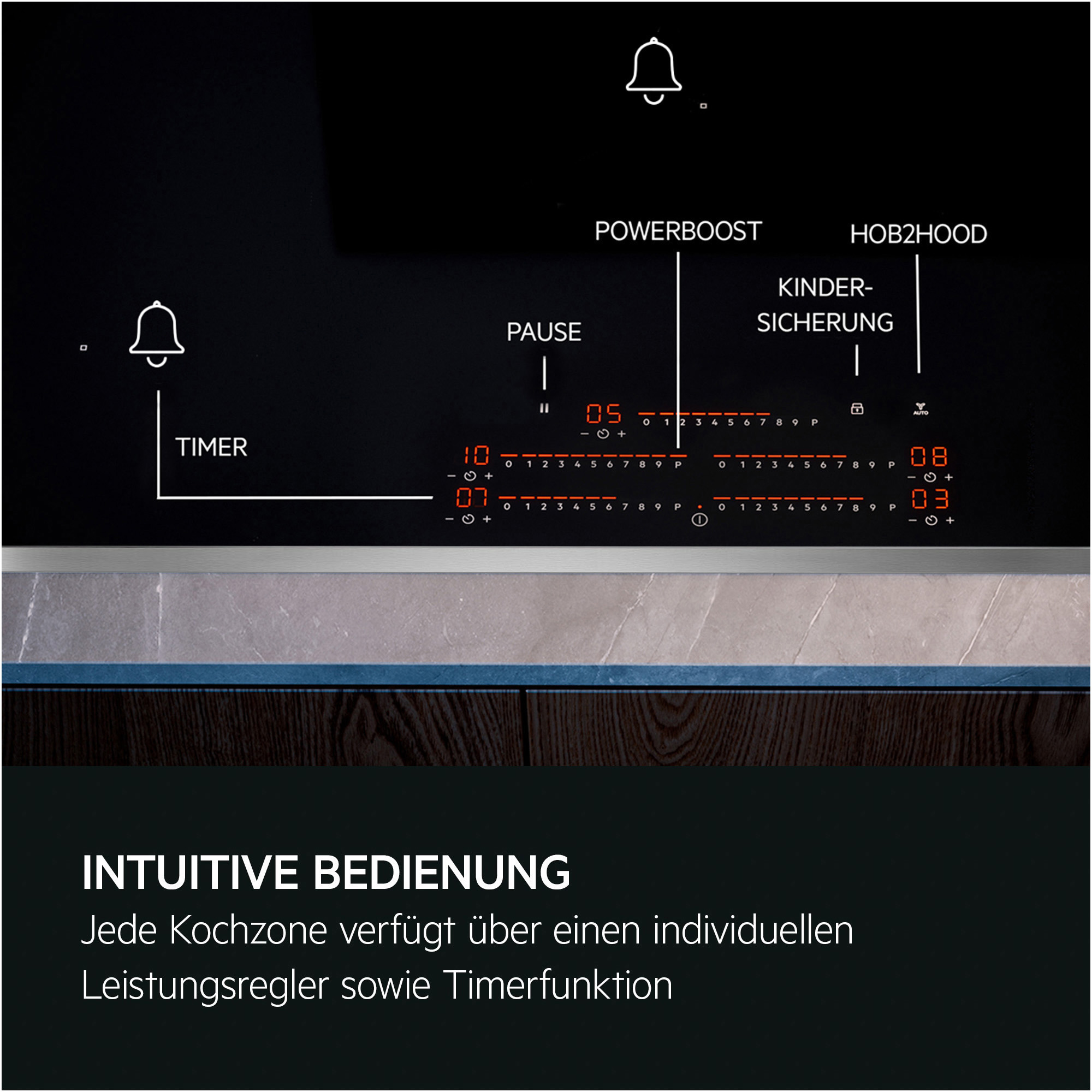 Ein schwarzes Kochfeld mit beleuchteten Bedienelementen und Text über intuitive Bedienung.