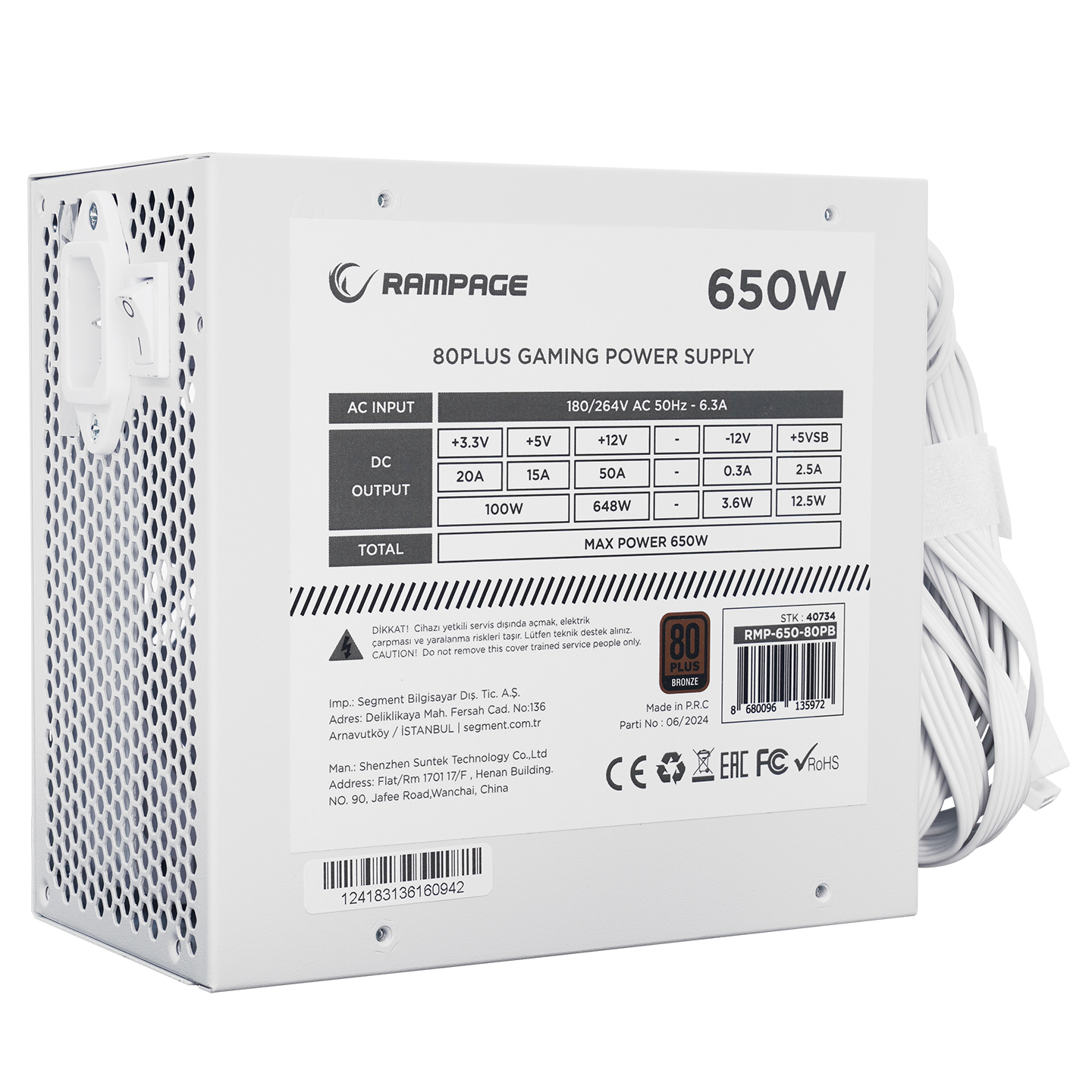Beyaz Rampage 650W güç kaynağı, özellikler ve bağlı kablolar.