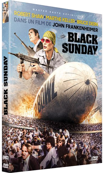 Pochette DVD de Black Sunday. Des gens avec des armes et un dirigeable en arrière-plan.