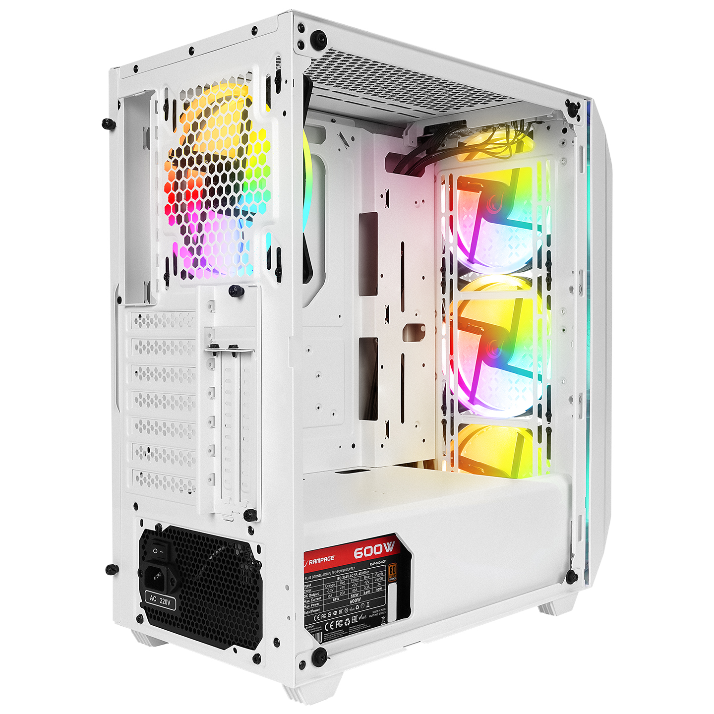 RGB fanlı beyaz PC kasası, bileşenleri ve güç kaynağını gösteriyor.