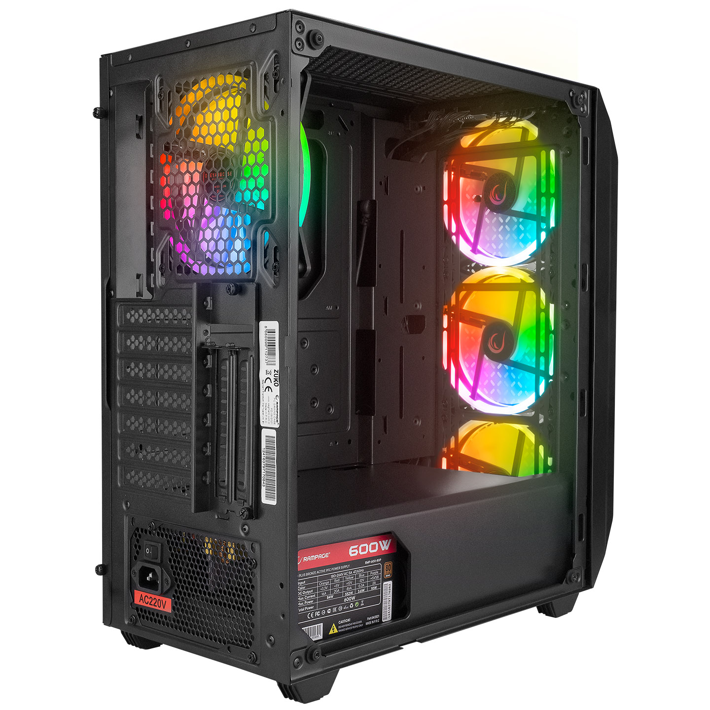 İçinde renkli fanlar ve 600W güç kaynağı olan, açılmış siyah bilgisayar kasası.