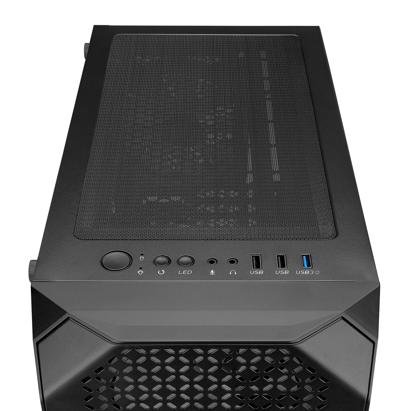 Siyah bir bilgisayar kasasının üstten görünümü. File üst, güç düğmesi, USB bağlantı noktaları ve ön havalandırma deliği bulunur.