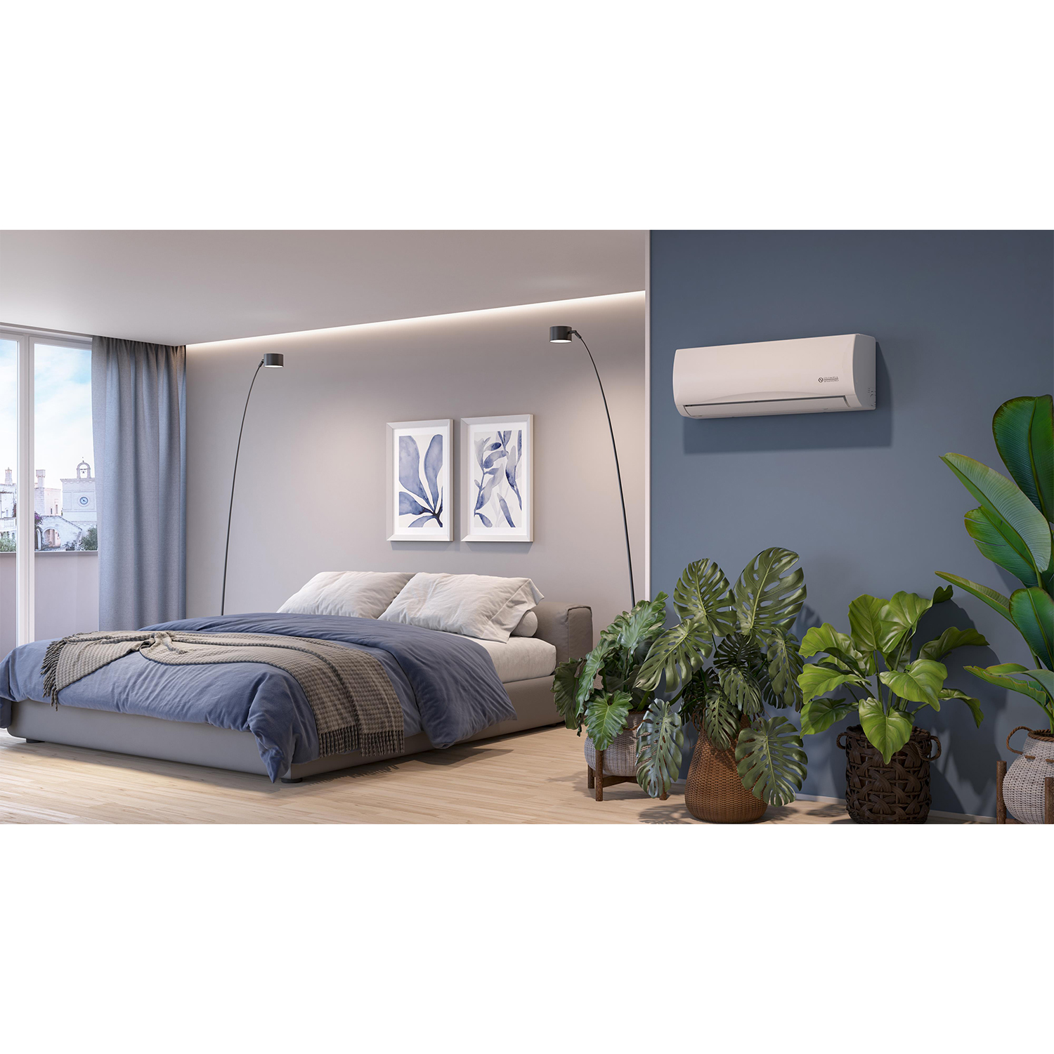 Camera da letto con letto, condizionatore a parete e piante.