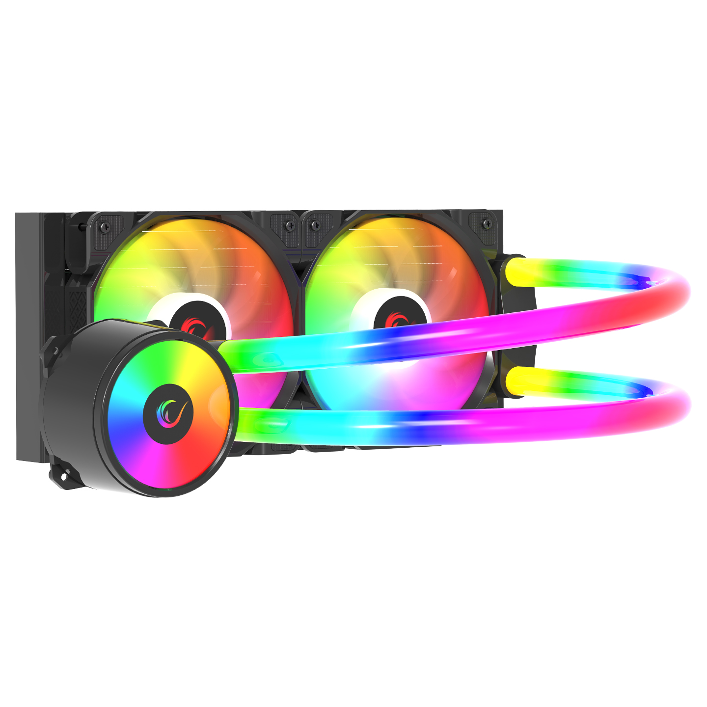 Renkli ışıklarla, fanlara ve su soğutma ünitesine sahip bir PC soğutma sistemi.